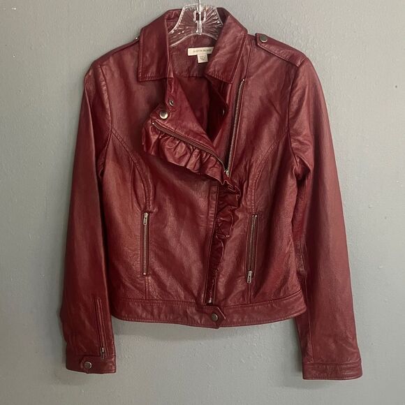 Boston Proper Women's Burgundy 100% Genuine Leather Moto Jacket size 2 #719 - Picture 11 of 14